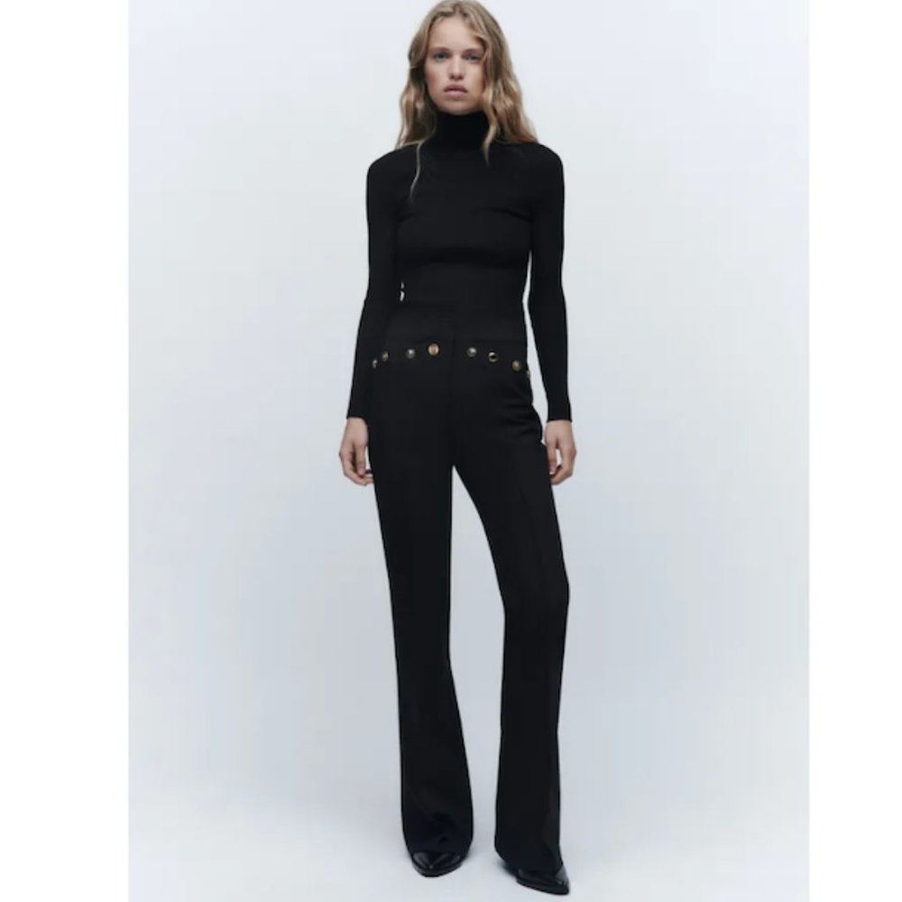 Zara Women's Metal Buttoned Black Flared High Rise Pants Trousers Size S